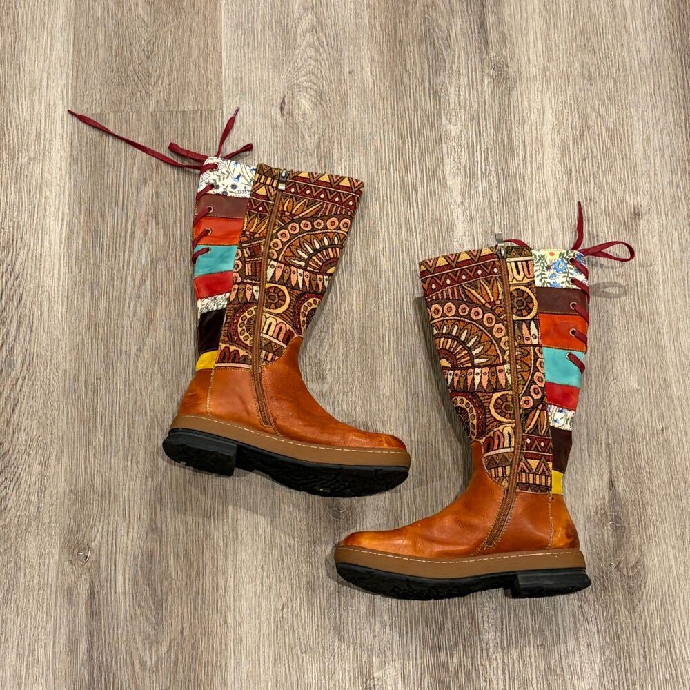 SOCOFY Leather Embroidered Patchwork Bohemian Riding Boots Women’s Size 8-8.5 39